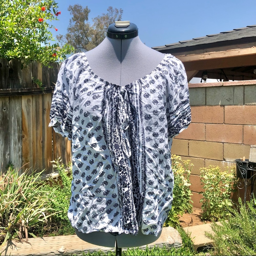 Ganji LA 2XL Paisley White & Navy Blue Blouse